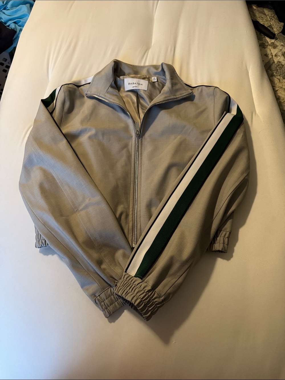 Aritzia Gray Bomber Jacket with Green and White Sleeve Stripes Size XS